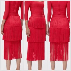 Herve Leger Icon Layered Fringe Red Skirt